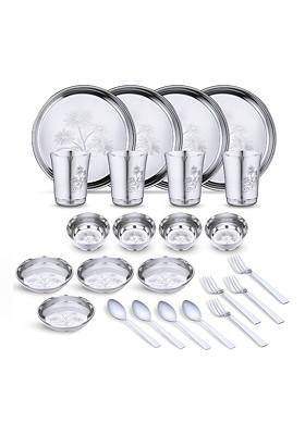 24 Pieces Printed Stainless Steel Dishwasher And Microwave Safe Dinner Set