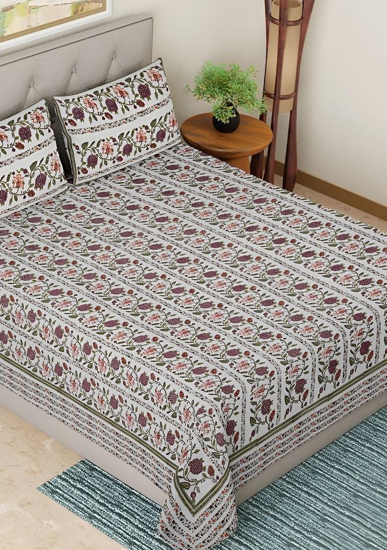 White And Green Floral Cotton 300 Tc King Bedsheet With 2 Pillow Covers