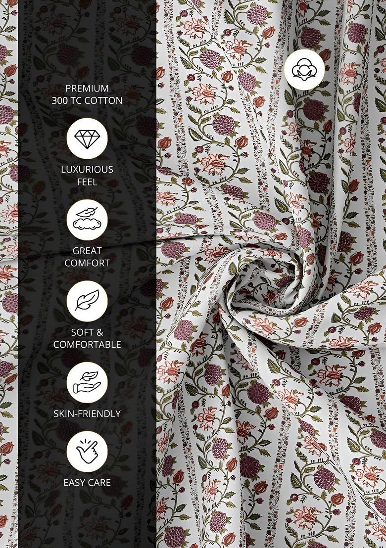 White And Green Floral Cotton 300 Tc King Bedsheet With 2 Pillow Covers