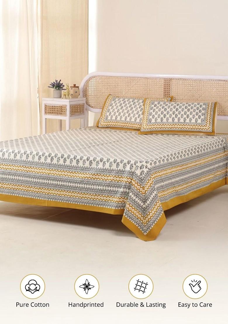 Mustard Floral Pure Cotton 300 Tc King Double Bedsheet And 2 Pillow Covers