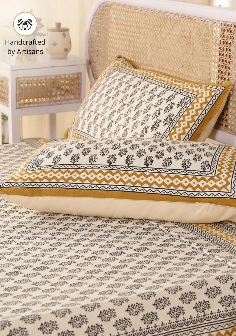 Mustard Floral Pure Cotton 300 Tc King Double Bedsheet And 2 Pillow Covers