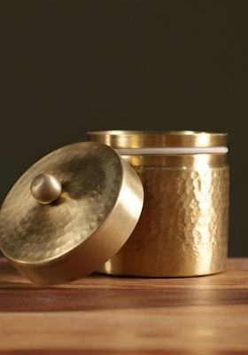 Gold Toned Textured Brass Container With Lid 250 Ml
