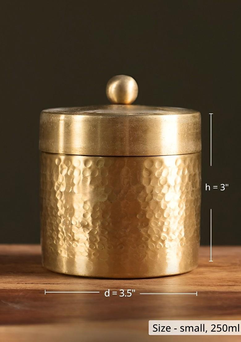 Gold Toned Textured Brass Container With Lid 250 Ml