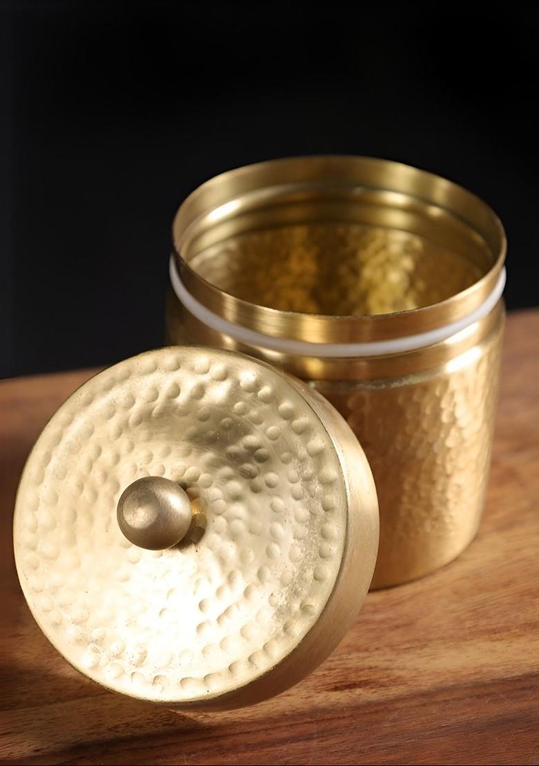 Gold Toned Textured Brass Container With Lid 250 Ml