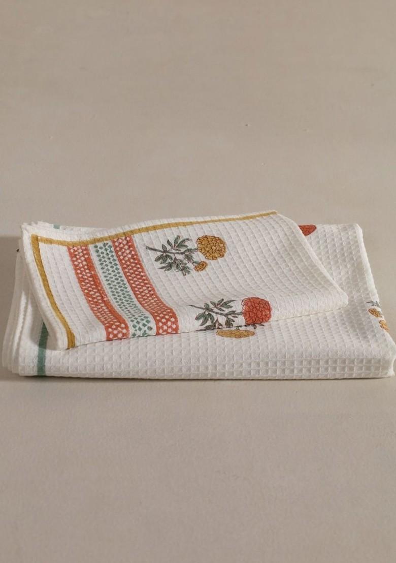 White 5 Pieces Floral Printed 250 Gsm Cotton Towel Set