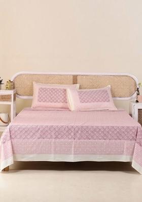 Pink Geometric Pure Cotton 300 Tc King Double Bedsheet And 2 Pillow Covers