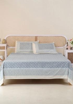 Grey Geometric Pure Cotton 300 Tc King Double Bedsheet And 2 Pillow Covers