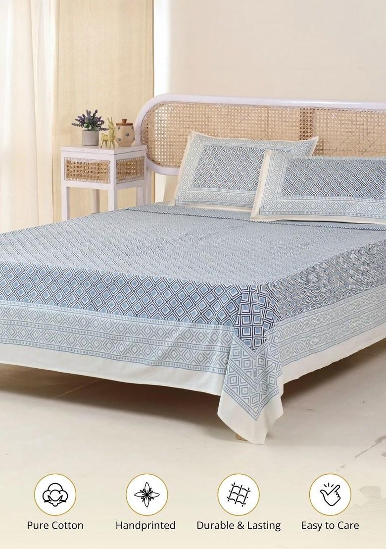 Grey Geometric Pure Cotton 300 Tc King Double Bedsheet And 2 Pillow Covers