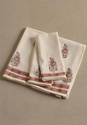 3Pcs Block Printed Cotton Waffle Towel Set