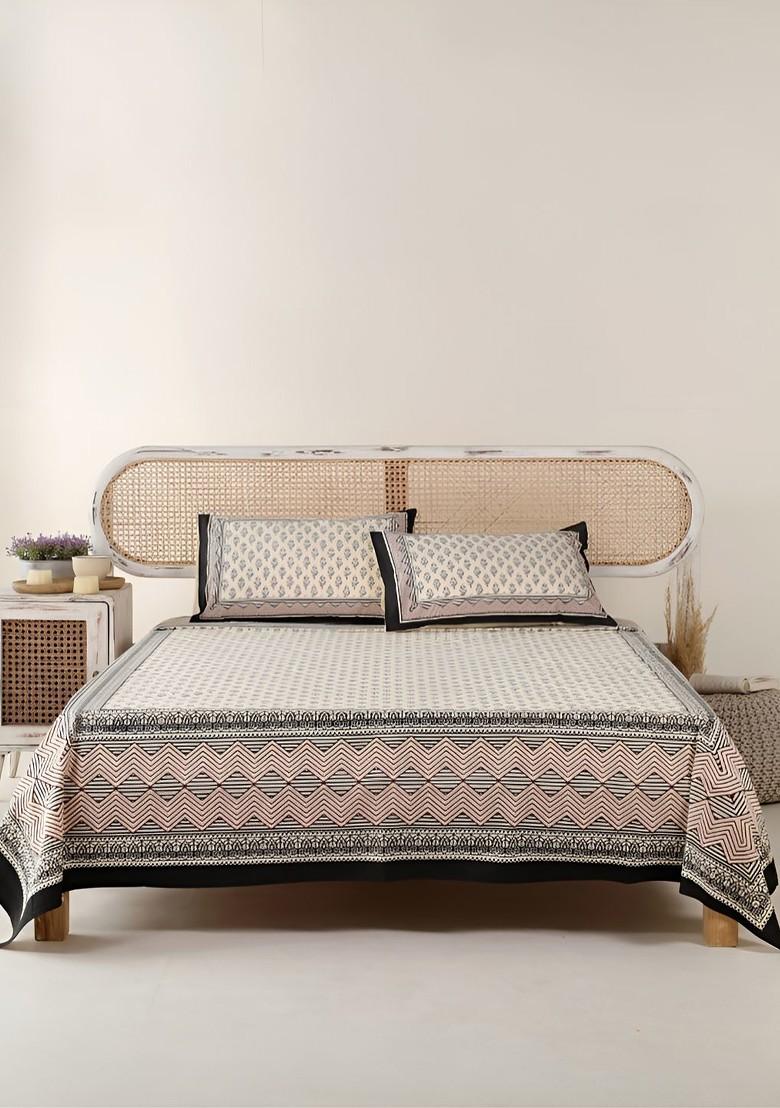Beige And Black Floral Cotton 300 Tc King Bedsheet With 2 Pillow Covers