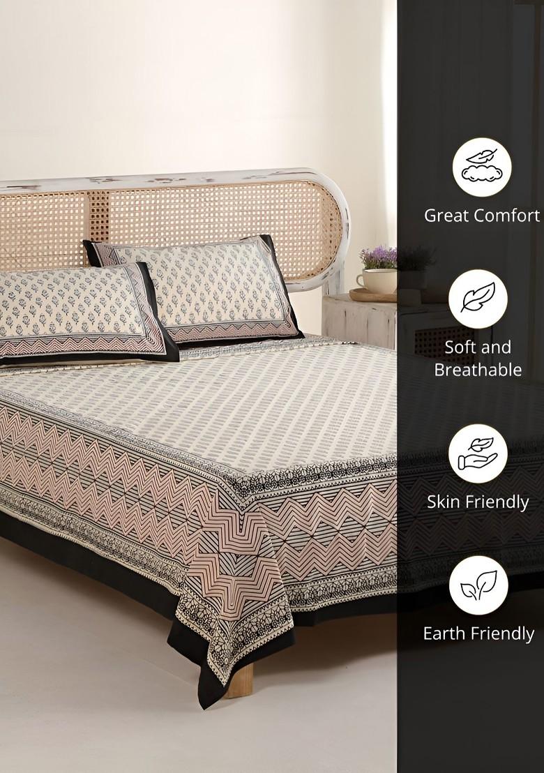 Beige And Black Floral Cotton 300 Tc King Bedsheet With 2 Pillow Covers