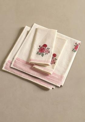 Piece Of 4 Off White And Red Floral Block Printed Cotton Hand And Bath Waffle Towels