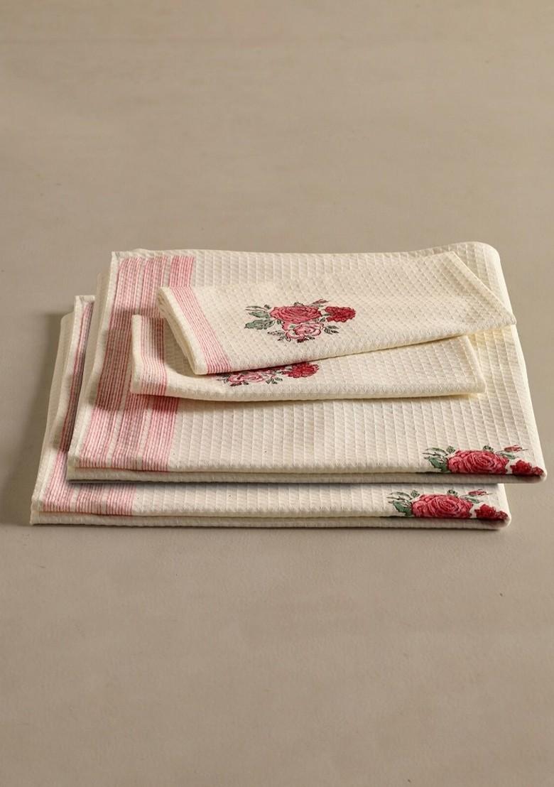 Piece Of 4 Off White And Red Floral Block Printed Cotton Hand And Bath Waffle Towels