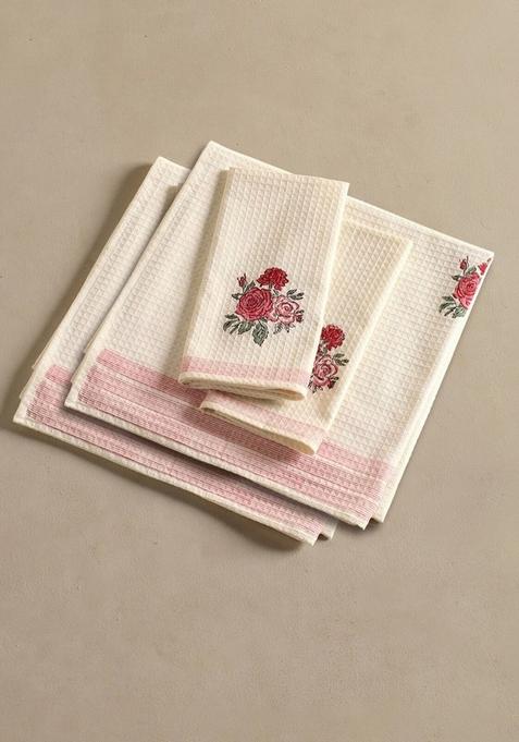 Piece Of 4 Off White And Red Floral Block Printed Cotton Hand And Bath Waffle Towels