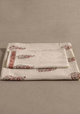 2 Pcs Off White And Rust Block Printed Cotton Hand And Bath Waffle Towel Set