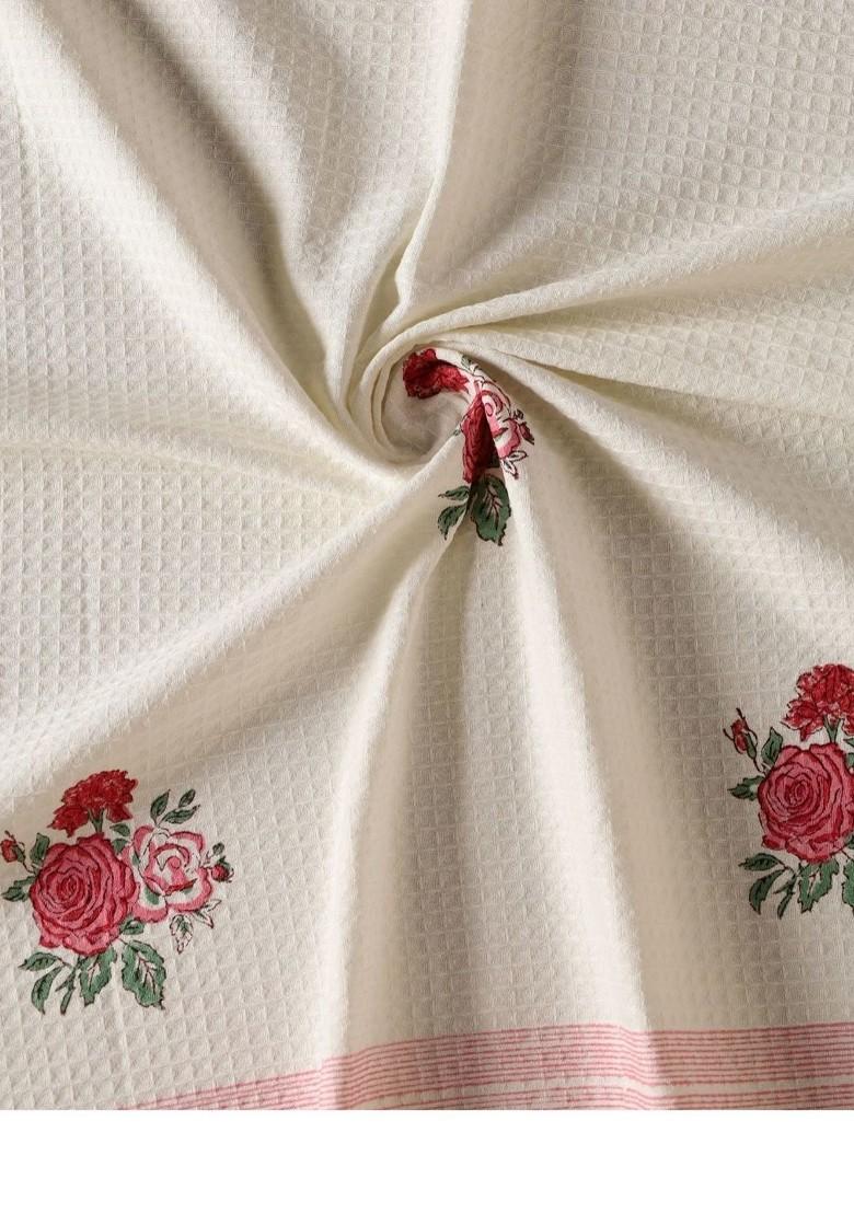 Piece Of 3 Off White And Red Block Printed Cotton Waffle Towel Set