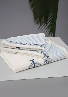 3 Pcs White And Blue Block Printed Cotton Waffle Towel Set