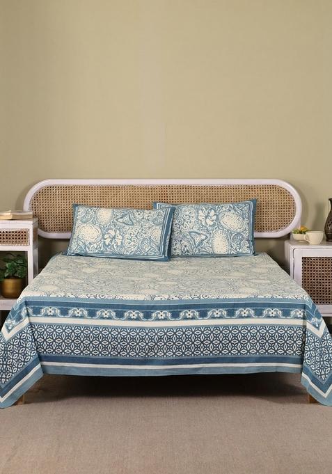 Blue And Beige Floral Cotton 180 Tc Double Queen Bedsheet Set