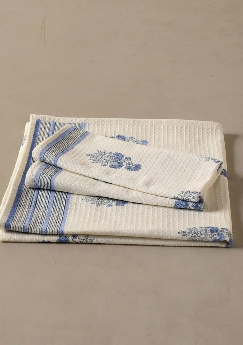 3Pcs Block Printed Cotton Waffle Towel Set