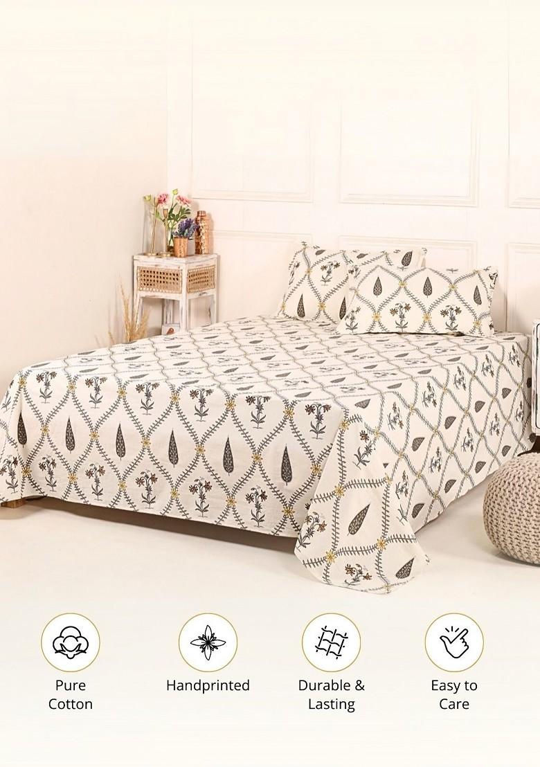 Beige Ethnic Motifs Printed 240 Tc Pure Cotton Bedsheet With 2 Pillow Covers