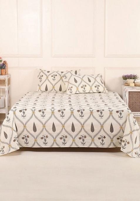 Beige Ethnic Motifs Printed 240 Tc Pure Cotton Bedsheet With 2 Pillow Covers