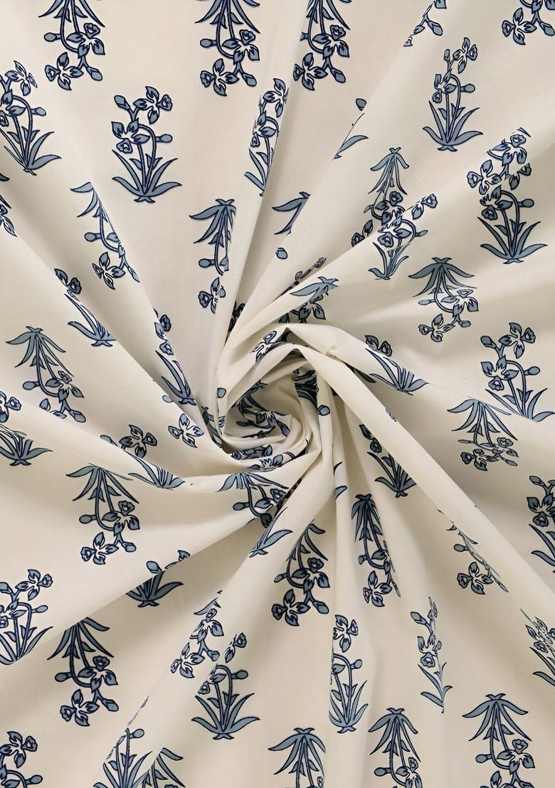 Off White And Blue Floral Cotton 300 Tc King Bedsheet With 2 Pillow Covers