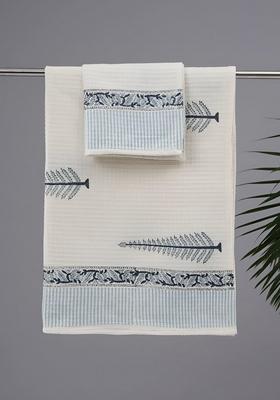 2 Pcs White And Blue Block Printed Cotton Hand And Bath Waffle Towel Set