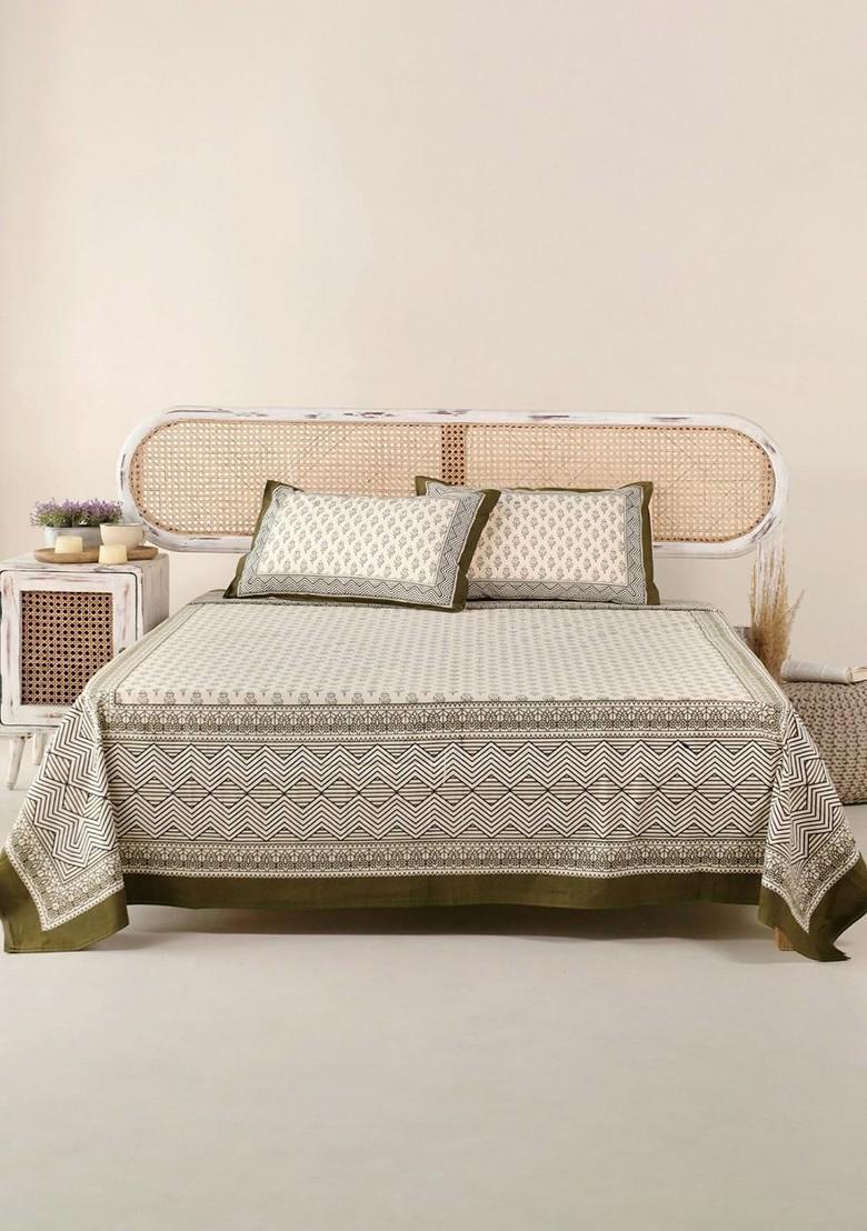 Beige And Green Floral Cotton 300 Tc King Bedsheet With 2 Pillow Covers