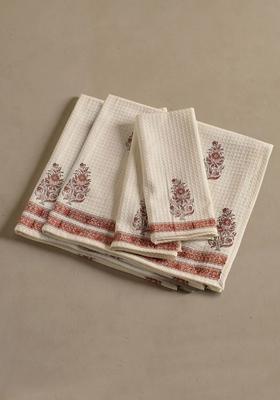 Piece Of 4 Off White And Peach Floral Block Printed Cotton Hand And Bath Waffle Towels