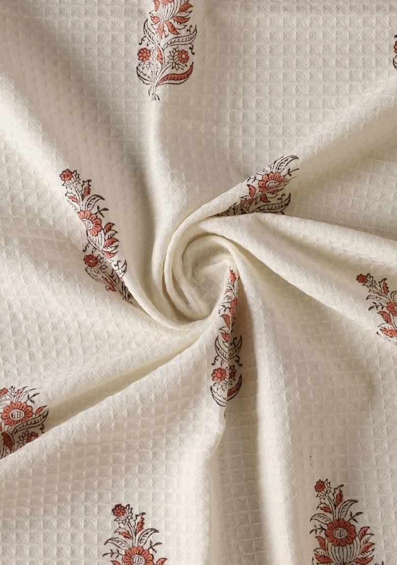 Piece Of 4 Off White And Peach Floral Block Printed Cotton Hand And Bath Waffle Towels