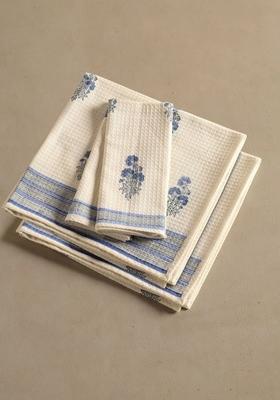 Piece Of 4 Off White And Blue Floral Block Printed Cotton Hand And Bath Waffle Towels