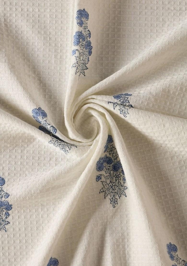 Piece Of 4 Off White And Blue Floral Block Printed Cotton Hand And Bath Waffle Towels