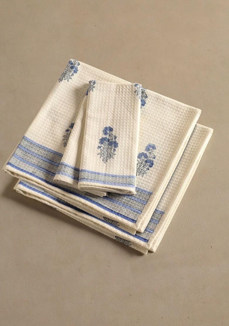 Piece Of 4 Off White And Blue Floral Block Printed Cotton Hand And Bath Waffle Towels