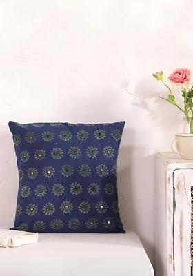 Blue And Green Floral Embroidered Cotton Square Cushion Cover