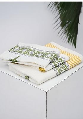 3Pcs Off White And Yellow Block Printed Cotton Waffle Towel Set