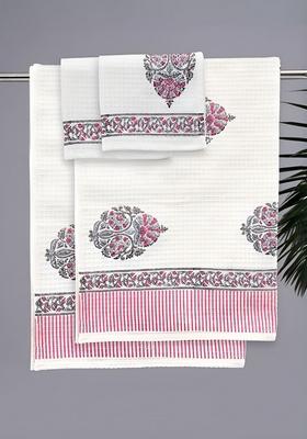Piece Of 4 Off White And Pink Floral Block Printed Cotton Hand And Bath Waffle Towels