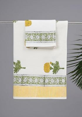 2 Pcs Block Printed Cotton Hand And Bath Waffle Towel Set