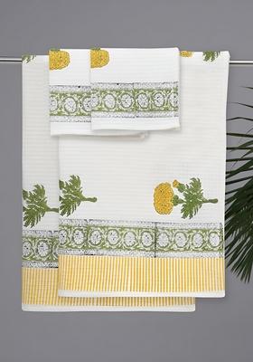 Piece Of 4 Off White And Yellow Floral Block Printed Cotton Hand And Bath Waffle Towels