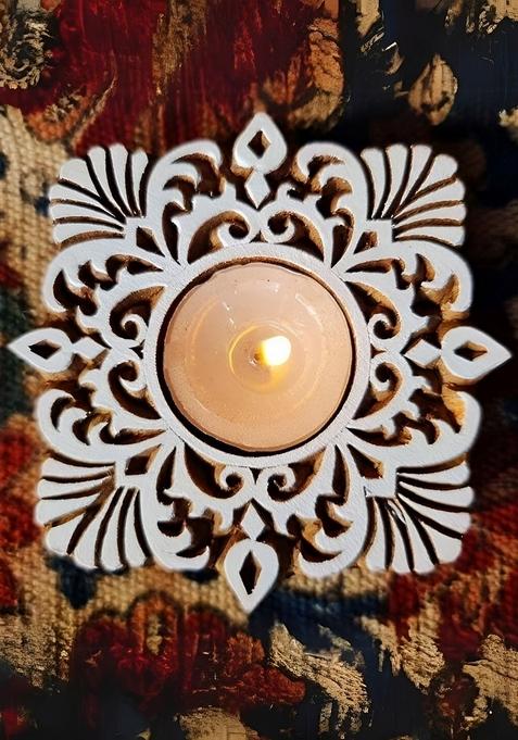 Brown And White Tree Square Engraved Wooden Tealight Holder