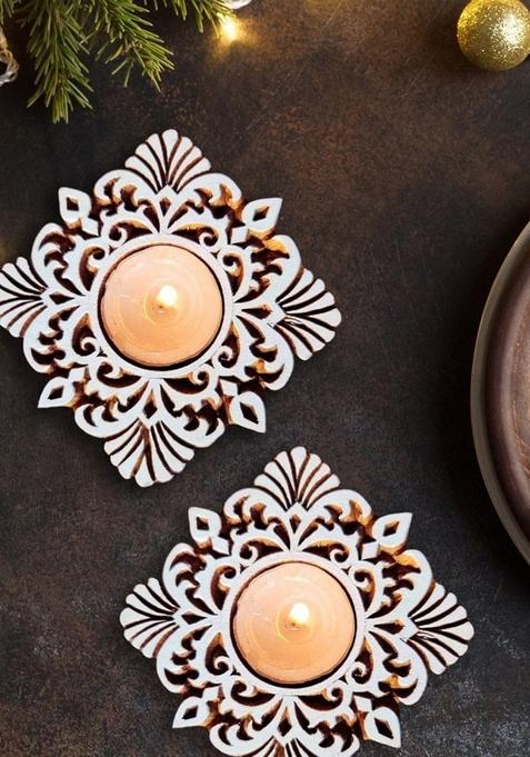 White And Brown Square Hand Engraved Wood Tealight Holder