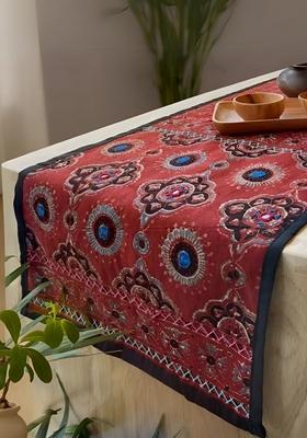 Red And Blue Block Printed Pure Cotton Table Runner