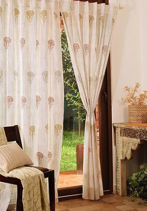 2 Pieces Rust And Yellow Floral Sheer Cotton Door Curtains