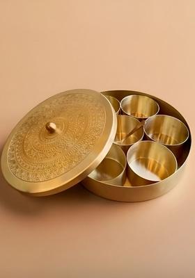 Yellow Brass Textured Easy To Clean Masala Box