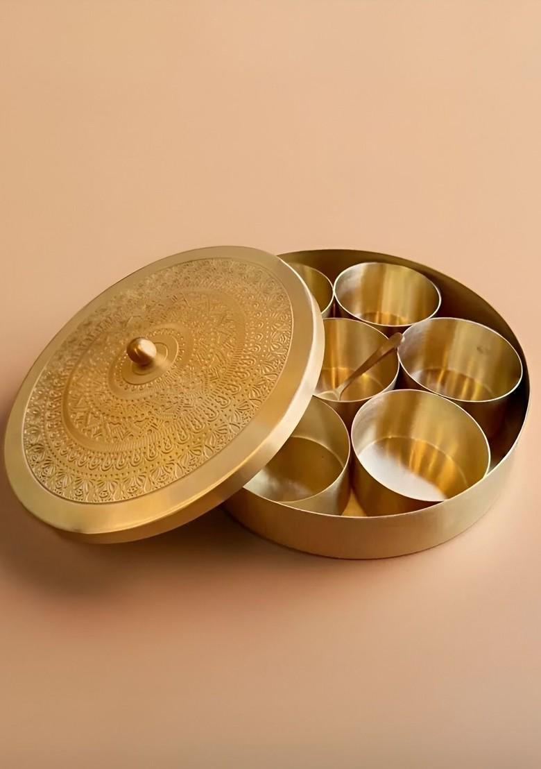 Yellow Brass Textured Easy To Clean Masala Box