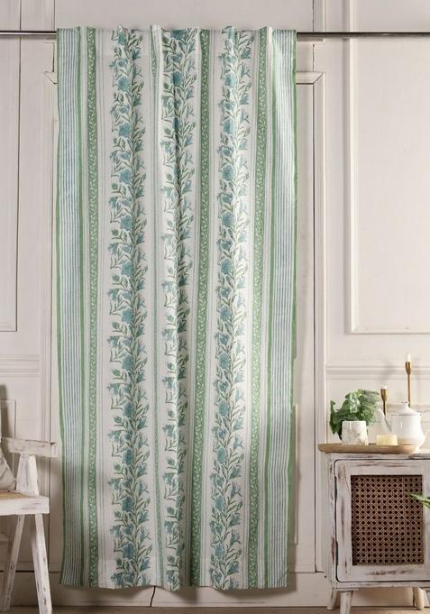 Floral Sheer Printed Cotton Door Curtain Green And White