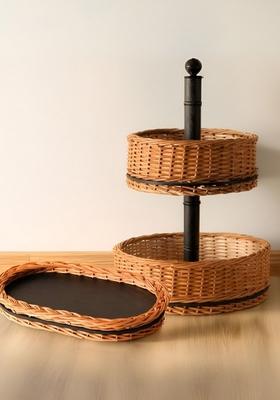 2Pcs Wicker Fruit Basket And Serving Tray Combo