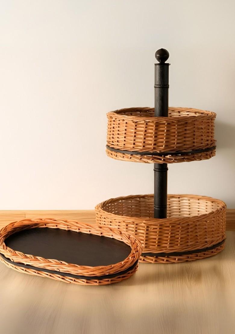2Pcs Wicker Fruit Basket And Serving Tray Combo