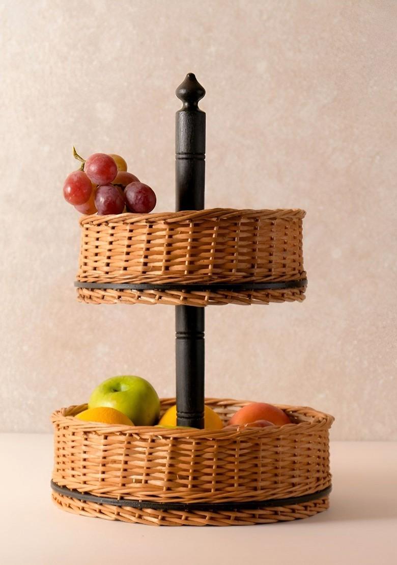 2Pcs Wicker Fruit Basket And Serving Tray Combo