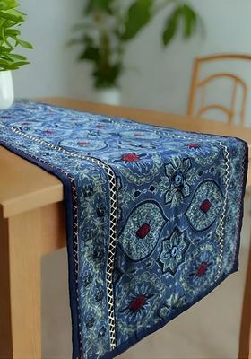 Blue And Beige Printed Pure Cotton Table Runner