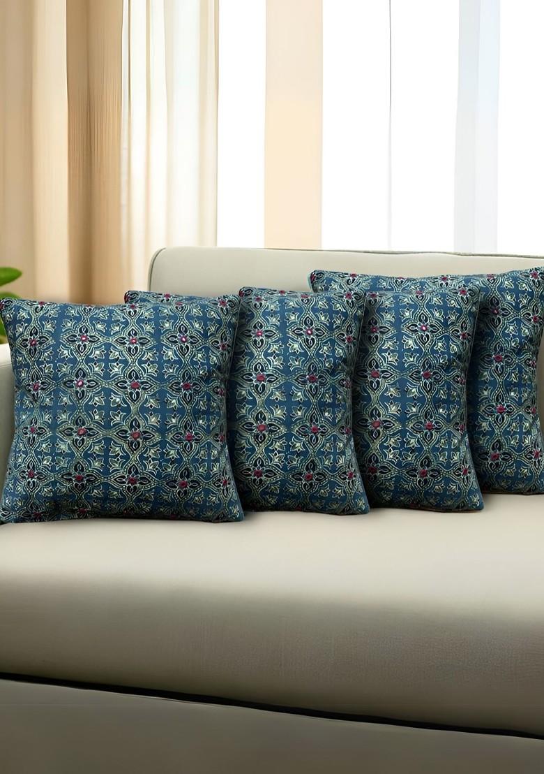Blue 4 Pieces Ethnic Motifs Embroidered Cotton Square Cushion Covers
